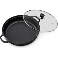 Kuali Griddle Besi Tuang Warmiehomy dengan Penutup Kaca, Kuali Pemanggang Tidak Melekat Bulat 22cm, 