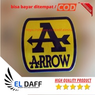 Arrow brand exhaust Emblem, rectangular box made from shiny aluminum, not a sticker