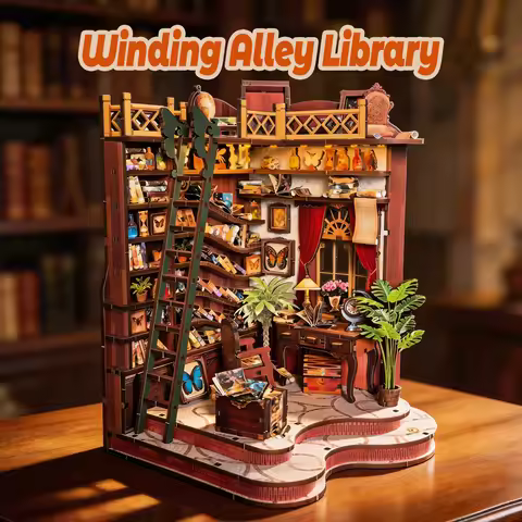 3d wooden puzzle for adults Winding Lane Library book nook with lights model kit dollhouse DIY minia