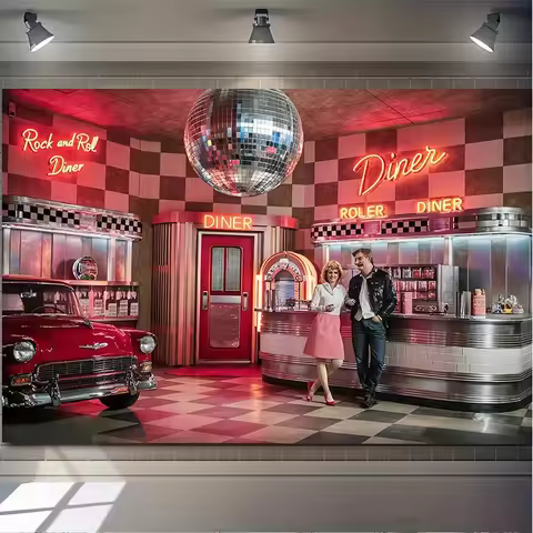 1 piece of retro rock restaurant background with neon lights, jukebox, and vintage cars, suitable fo
