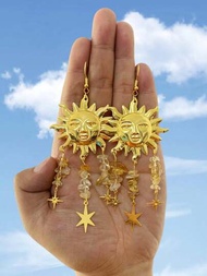 一對波西米亞風格的巴西黃水晶太陽形女士神聖和藝術18k黃金耳環，適合女性日常佩戴。