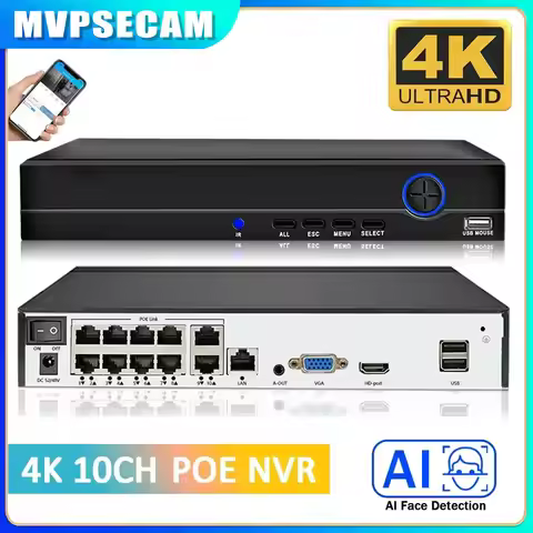 Mvpsecam 8MP CCTV Security System Face Detection 10CH 4K POE NVR for H.265+ Network Audio Video Netw