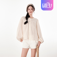 Áo sơ mi nữ thêu hoa tay dài bồng cổ tròn phong cách Liam Miều Est.2013