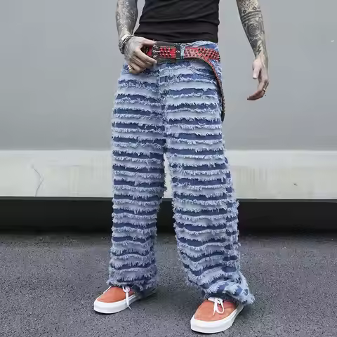 Men Stretchy Denim Jeans for Men Retro Blue Striped Distressed Tassel Wide Leg Baggy Jeans Oversized