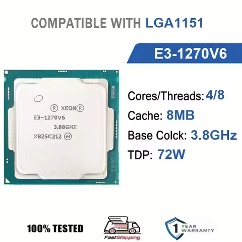 Intel Xeon E3-1270V6 4 Core 8 Thread 3.8GHz 72W 8MB Cache 14nm LGA1151 SR326 DDR4 2400 / DDR3L 1866 