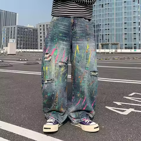 Trendy brand American-style vintage personality graffiti faded design jeans, fashionable loose casua