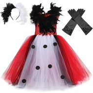 Girls Cruella De Vil Costume Kids Fancy Dalmatians Tulle Tutu Dress Ankle-Length Girls Halloween Car