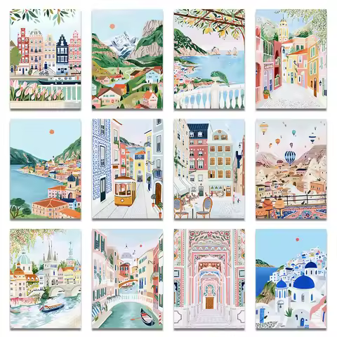 Santorini Lisbon Canvas Wall Art Print Poster Lake Como Central Park Decorative Painting Travel Mura