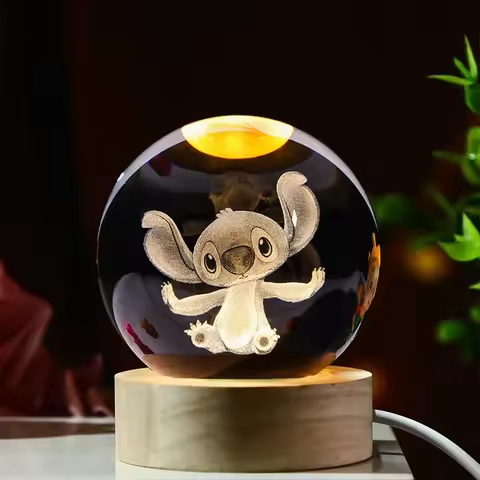 Miniso 6cm Cartoon Lilo & Stitch Crystal Ball Luminous 3D Carved Night Light Desktop Ornament Creati