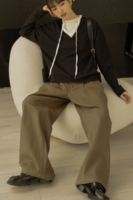 單釦斜紋打摺車線寬褲(橄欖綠)