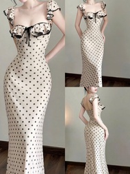 Đầm body thời trang Nữ dáng dài chất lụa mịn mát họa tiết chấm bi phối viền ren tay cánh tiên nhún b