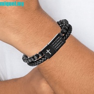 MIQUEL Double-Row Braided Bracelet, Magnetic Black Lava Rock Bead Bracelet, Men Bracelet Leather Bib