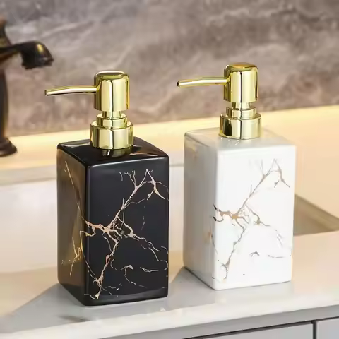 1pc 350ml Ceramic European Creative Marble Texture Refillable Press Soap Dispenser Liquid Dispenser 