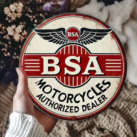 Vintage BSA Motorcycles Round Aluminum Wall Art - 8x8 Inch Classic Red & Black Winged Design, Retro 