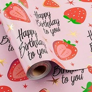 Afucus Birthday Wrapping Paper Mini Roll, Strawberry, Happy Birthday to You Text, Cake, Star, Pink G