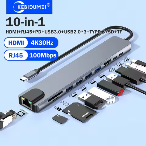 KEBIDUMEI 10-in-1 USB C Docking Station USB 3.0 HUB Type C to HDMI Adapter with RJ45 Ethernet Interf