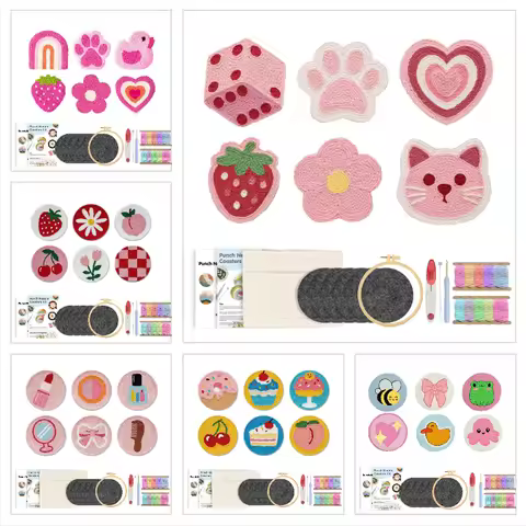 GATYZTORY 6ps pink-themed Punch Needle Coasters Kit Punch Needle Embroidery Kit DIY Mug Tufted Rug M