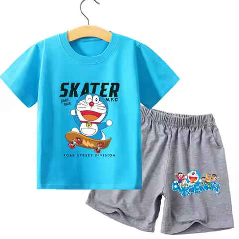 Doraemon New T-shirt Suit Children's Summer Cotton Tops+shorts Pants Set Cute Cartoon Pajamas Sets H