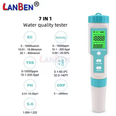 7 in 1 PH Meter Salinity PH TDS EC ORP S.G TEMP Water Quality Tester Swimming Pool Monitor Aquarium 