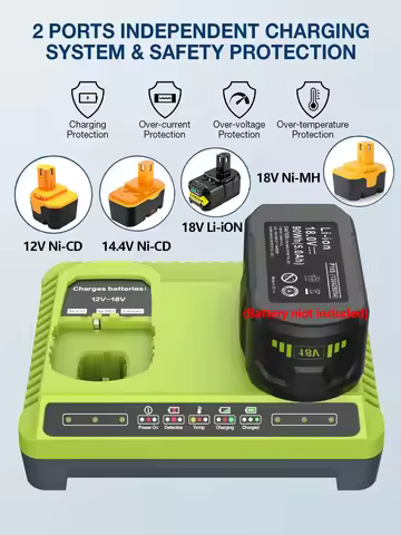 2 Ports Battery Charger for Ryobi ONE+ 12-18V Battery Li-Ion NiCd NiMh Ryobi Replacement Charger LED