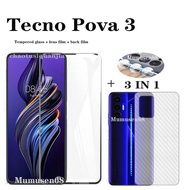 (3 in 1) For Tecno Pova 3 Pova 2 Tempered Glass Screen Protector + Camera Lens Protector + Carbon Fiber Back Cover Sticker Protector.