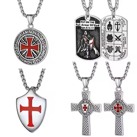 U7 Stainless Steel Templar Necklaces for Men Knight Cross Sheild Tag 3D Embossed Amulet Symbol Chris