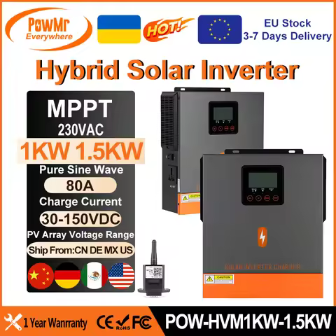 PowMr 1.5KW 1KW Hybrid Solar Inverter 24V 12V 220V Pure Sine Wave With 80A MPPT Solar Charge Control