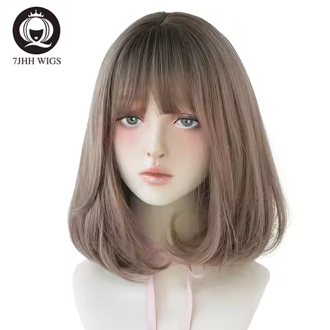 7JHH Pink Brown Short Straight Hair Lolita Wig With Bang Synthetic Bob For Women Christmas Cosplay H