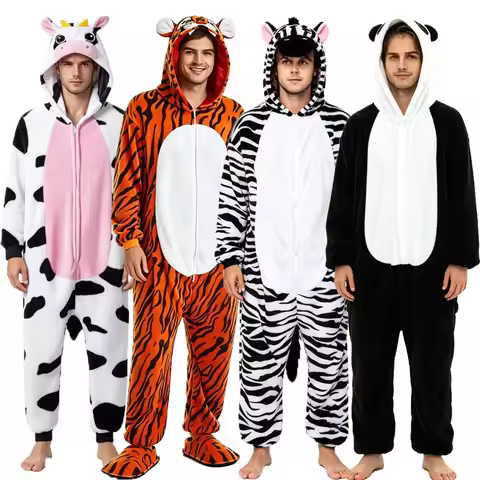 Kigurumi Pajamas Adult Men Cute Onesies Pijamas Plush Cow Tiger Panda Bunny Cosplay Costume Black Wo