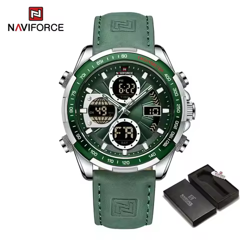 NAVIFORCE NF9197 Top Brand Men Green Leather Band High Quality Quartz Sports Waterproof Digital Mult