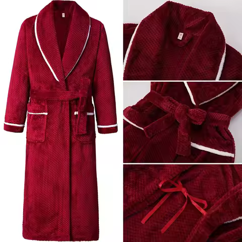 Winter Autumn Thicken Lapel Kimono Shower Robe Men's Warm Flannel Bathrobe Sleepwear with Pocket Lou