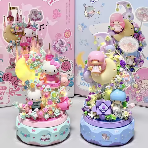 Sanrio Hellokitty Little Twin Stars Music Box Building Blocks Blind Box Ornaments DIY Toys Moonlight