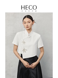 HECO奥运同款新中式【潇风】国风2024春夏手工刺绣珠绣短袖T恤上衣女 白色 S