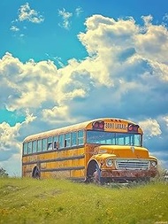 Colorful Yellow Bus Diamond Art Painting Kits for Adult, Transportation Vehicles 5D Diamond Art for 