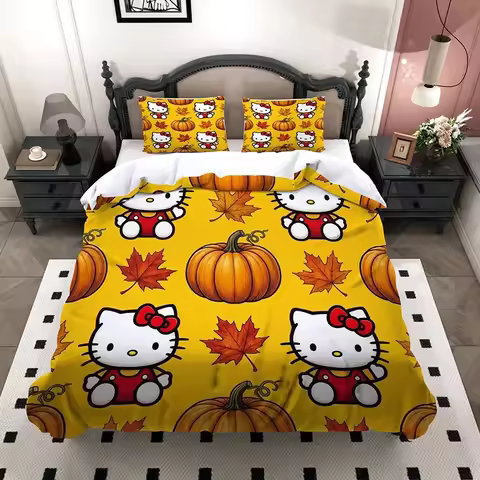 Bed Hello Kitty 3Pcs Bed Set, 3D Print Halloween Autumn Pumpkin Maple Leaf Kitty Microfiber Duvet Co