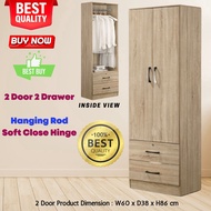 ROAM 2 Door 2 Drawer Wardrobe with Hanging Rod Kayu Almari Baju Kabinet Wooden Wardrobe Organizer Clothes Easy Assemble