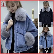 fulaide Winter Women Denim Jacket Faux Fur Trim Long Sleeves Thick Plush Lined Pockets Cold-proof Mi