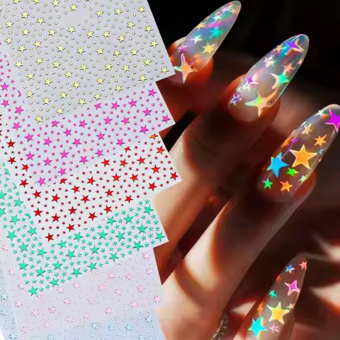 3D Y2K Dopamine Star Nail Stickers 3D Shiny Pink/Red/Green/Blue Five-Piont Stars Nail Decals 8*10cm 