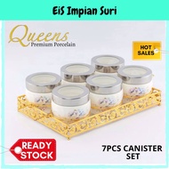 EIS Queens Porcelain 7pcs Canister Raya Set with Metal Rack Pop Jar Container Candy Box Raya Balang Kuih