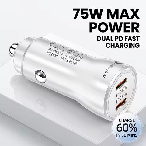 75W Car Charger Dual PD USB C Fast Charging Adapter 45W And 30W Ports Blue Ring Light Stable Connect
