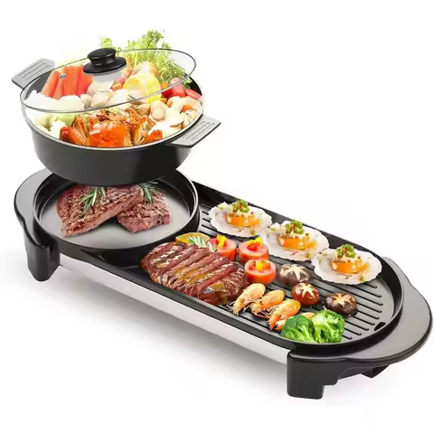 2 in 1 Electric SmokelHot Pot with Grill, 2200W Removable Hotpot Pot, Korean BBQ and Shabu Indoor Co