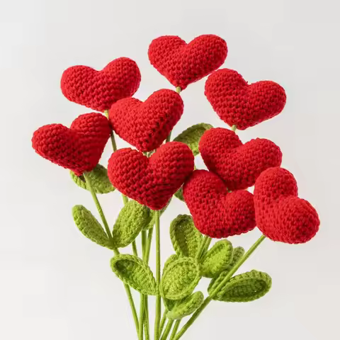 Handmade Crochet Heart Bouquet Yarn Love Flowers with Green Stems Romantic Gift for Valentine’s Day 