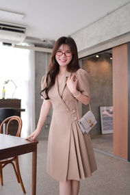 "Romi"Oil" Timeless Grace Dress (Khaki) K280 ชุดเดรสสีกากี (แต่งกระดุมดอกไม้กระโปรงพลีท)