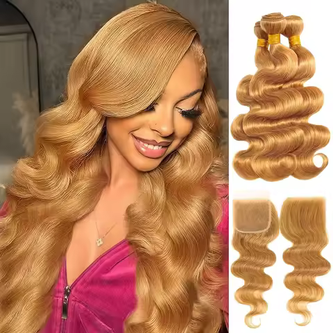 12A Honey Blonde #27 Body Wave Human Hair Bundles with Closure Transparent 4x4 Closure with Bundle S