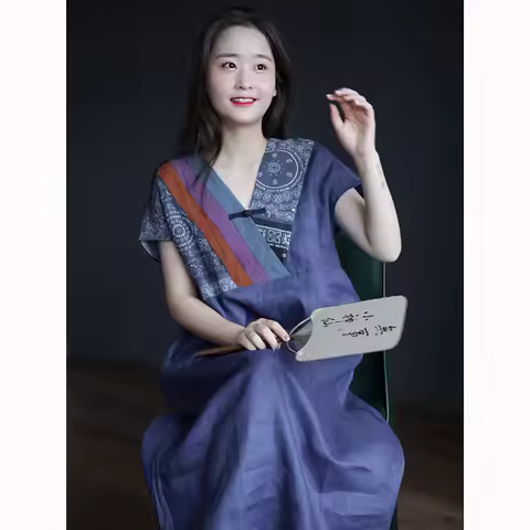 Summer New Arts Style Women Patchwork V-neck Loose Dresses Improved Qipao Cotton Linen Vintage A-lin