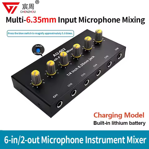 6 Channel Audio Mixer Headphone Microphone Mic Amplifier Hub Distributor 6.35mm Jack 1/4 TRS DC 5V f