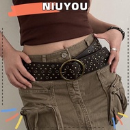 NIUYOU Wide Waist Strap, Y2K Harajuku Rivet Belt, Women Man Vintage Chic Metal Round Buckle Waistban