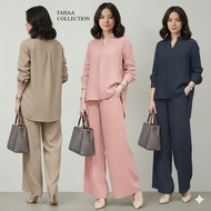 Women Korean Pleated Long Sleeve Top + Pockets Wide Leg Trouser Sets Kain Cey (not cotton)