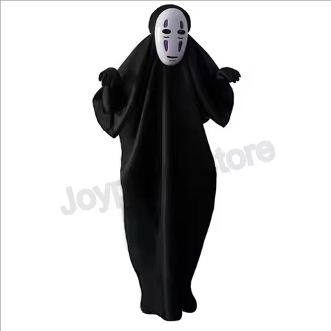 Japanese No Face Man Cosplay Costume No Face Man Mask Gloves Set Halloween Masquerade Black Cloak No