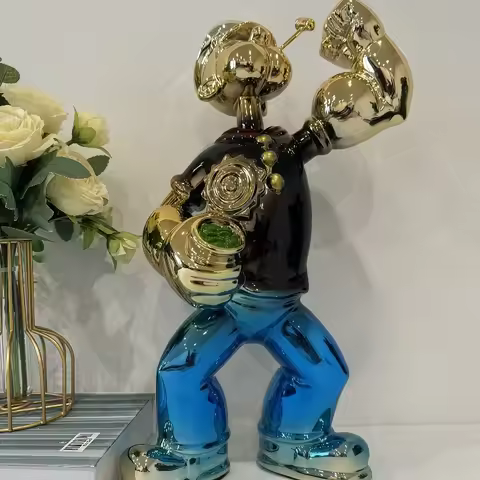 Electroplated Popeye Figurine Modern Home Decor Sculpture,Cartoon Sailor Man Statue with Spinach Can